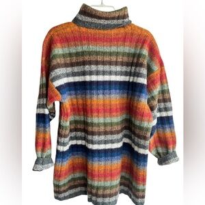 Vintage Wool Turtleneck Sweater Medium Chunky Tunic Oversized Striped 90's Cozy